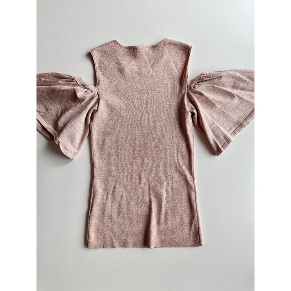 NWOT GANNI Romilly Pink Rose Metallic Knit Ruffle Cold Shoulder Blouse, Size M - Picture 8 of 12